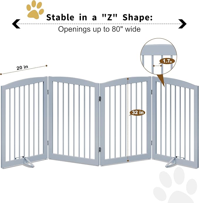 Freestanding Pet Gate for Dogs, Indoor Wooden Dog Gate for House, Foldable Dog Gate for Doorway, Stair, Gates for Dogs Indoor, 80 Inch Wide, 4 Panels 32", Grey