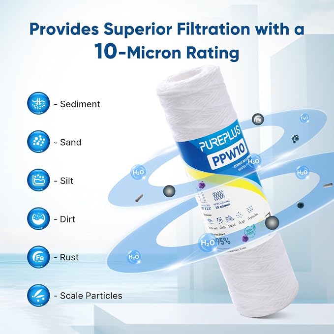 PUREPLUS 10 Micron 10"x2.5" Whole House String Wound Sediment Filter
