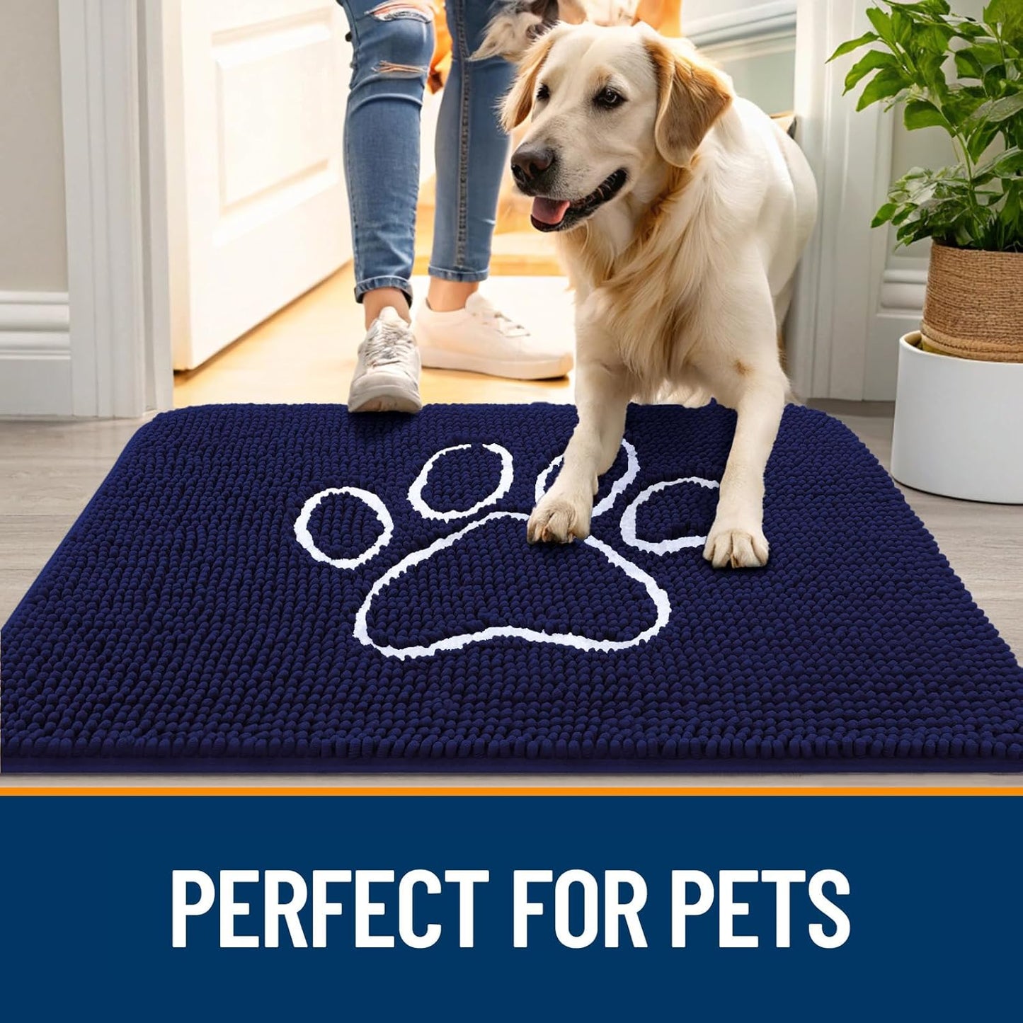 OLANLY Door Mat for Muddy Dog Paws 70x46, Ultra Absorbent Chenille Mud Doormat with Paw Print Design, Non-Slip Washable Doormat for Indoor Entryway, Quick-Dry Pet Bed Mats for Dirty Dogs, Navy Blue