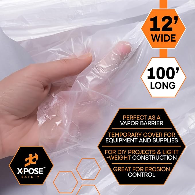 Xpose Safety Clear Plastic Sheeting 2 Pack – 12' x 100' Rolls – Heavy Duty 4 Mil Poly Sheet – Waterproof, Dustproof, Vapor Barrier – for Construction, Painting, Industrial Use