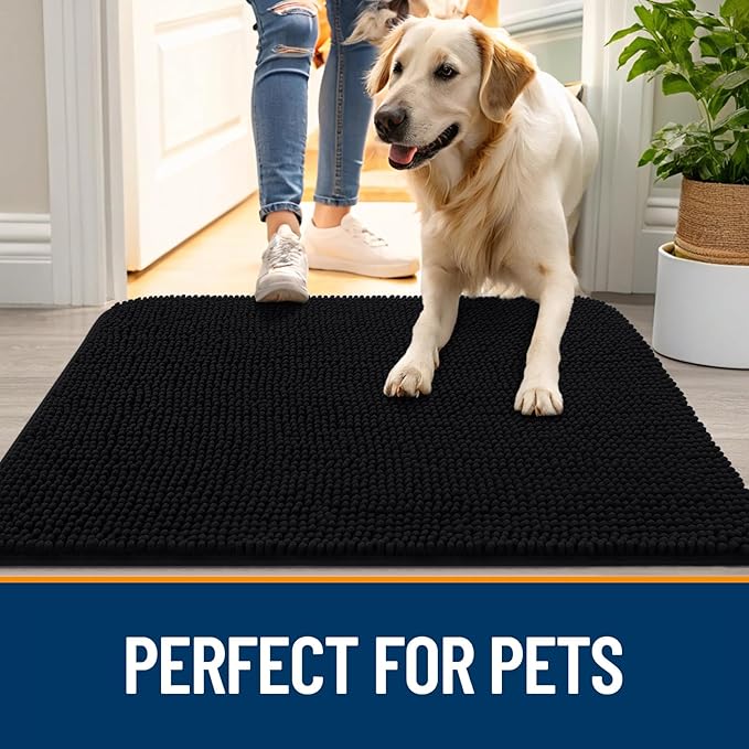 OLANLY Dog Door Mat Set 2-Piece 24x16, Absorbs Moisture and Dirt, Absorbent Non-Slip Washable Doormat, Quick Dry Chenille Mud Mat for Dogs, Entry Indoor Entryway Carpet for Inside Floor, Black