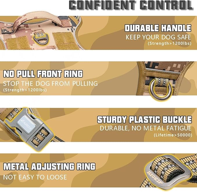 Auroth Tactical Dog Harness for Large Dogs No Pull Adjustable Pet Harness Reflective Working Training Easy Control Pet Vest Military Service Dog Harnesses Desert Camo XL