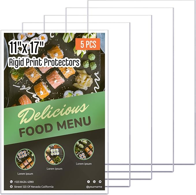 Henoyso 5 Pcs 11" x 17" Rigid Print Protectors, Heavy Duty Hard Plastic Sheet Page Protectors Crystal Menu Holder Clear Poster Sleeve Top Loading Frame for Magazine Photo Paper Poster Prints