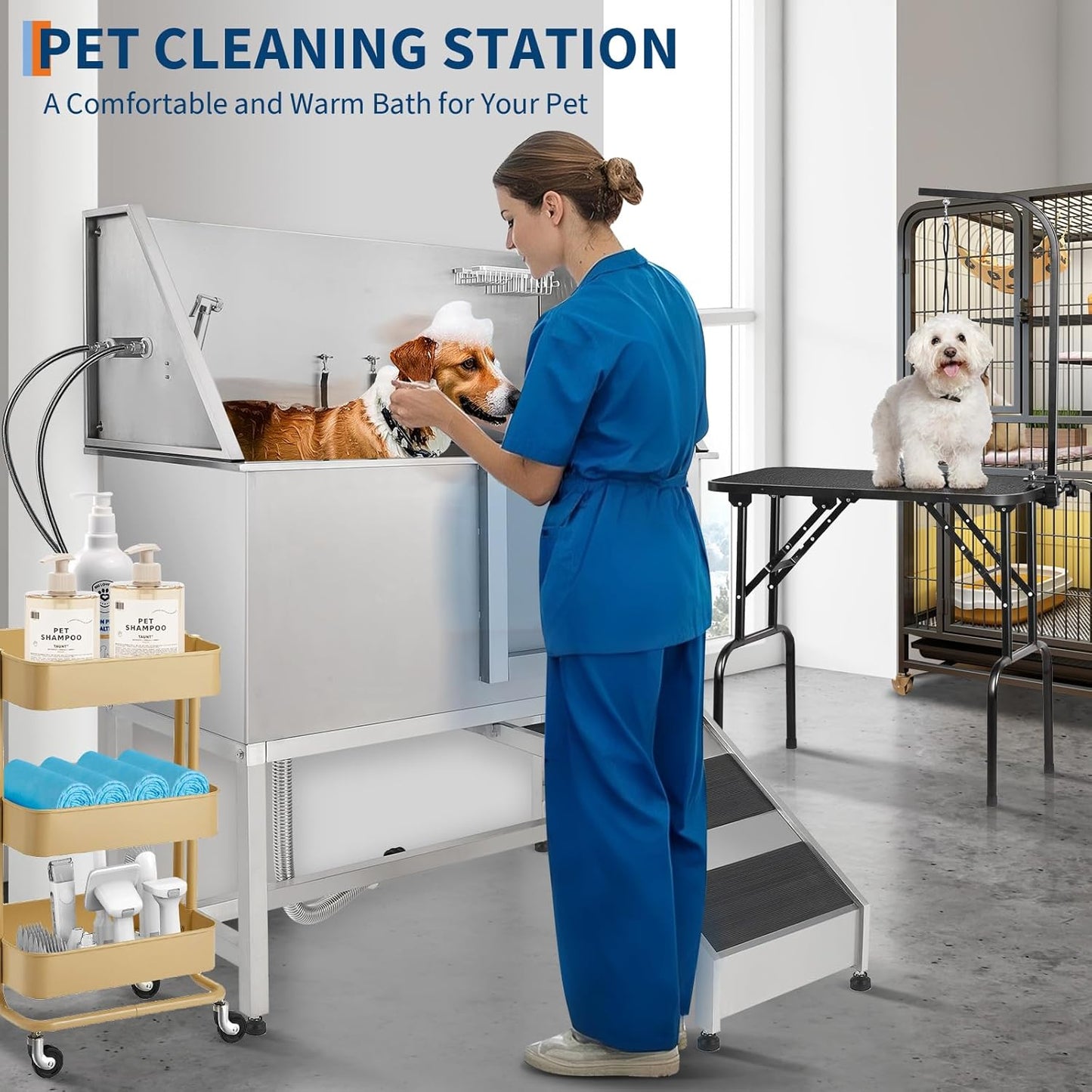 Stainless Steel Dog Washing Station - Dog Bath Tub for Large, Medium, Small Dogs, Pet Grooming Tub with Ramp, Non-Slip Grate, Shower, Soap Box, Faucet, Drain for Home & Outdoor （Right RAMP, 50"）
