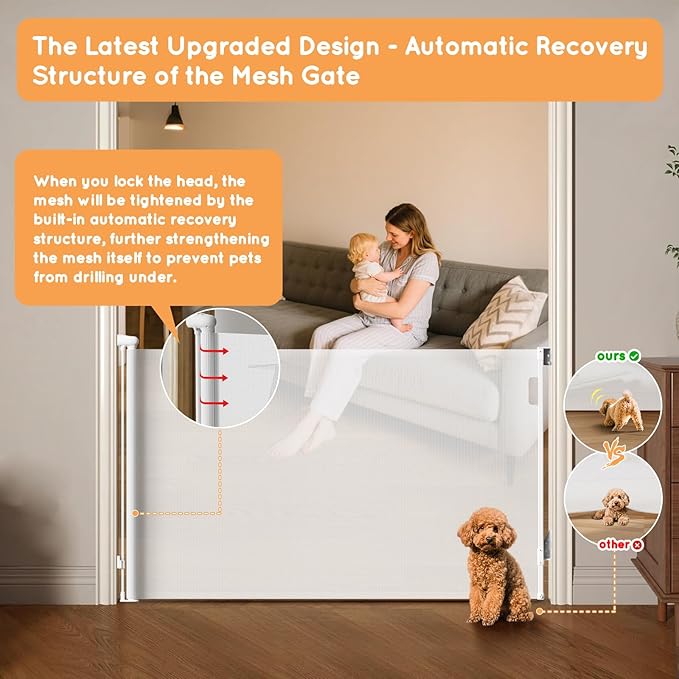 Retractable Baby Gate for Stairs, 55" Wide Mesh Pet Gate, Automatic Tension, One-Hand Operation, 38" Tall Baby Gates for Doorways, Hallways, Deck, Indoor Outdoor, Safe, Easy to Fit, White