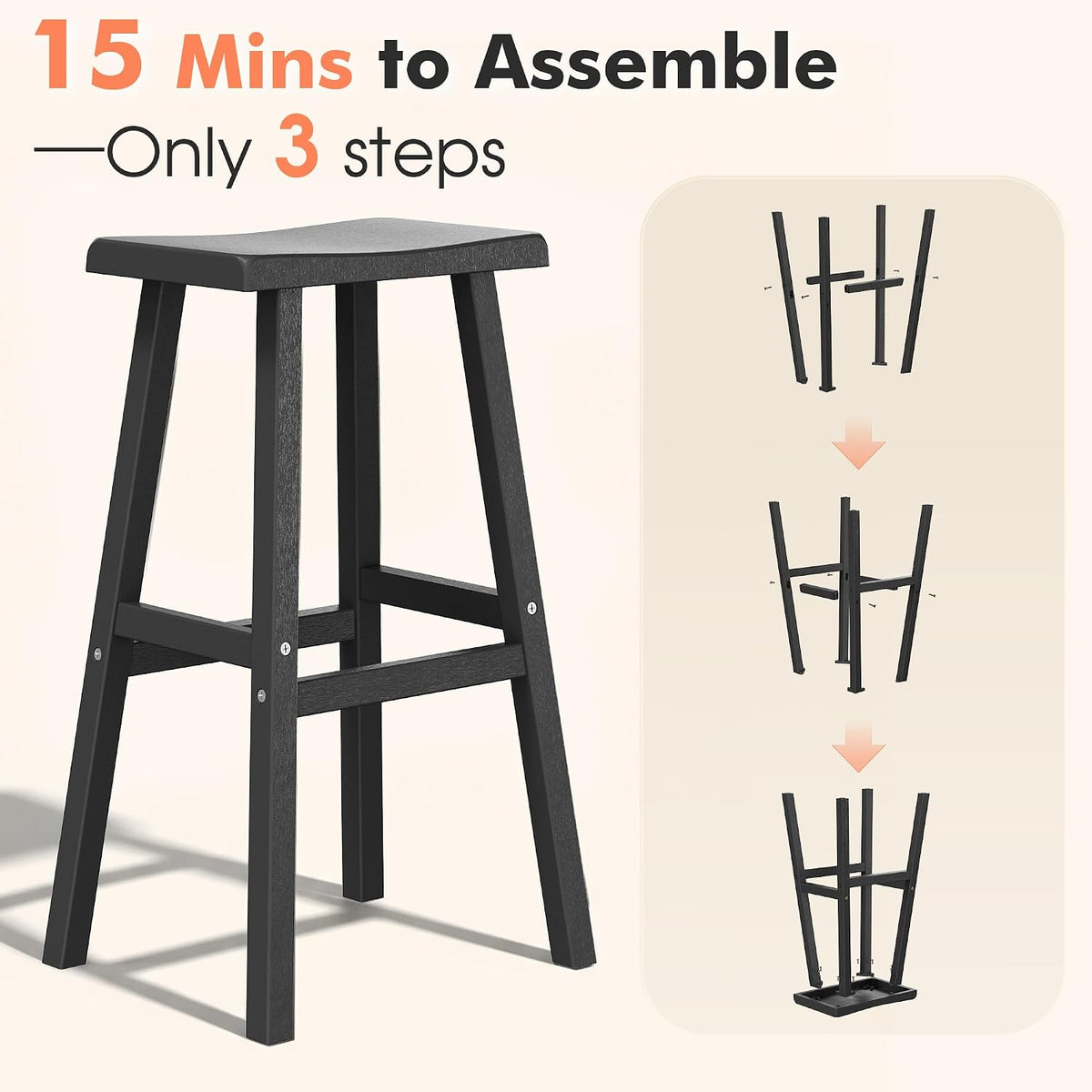 KAMABOKO 2 Set 29" HDPE Bar Stools Set Outdoor, Durable Resin Bar Chairs with Footrest, Weatherproof & Ergonomic Barstools for Patio, Deck & Poolside, Black