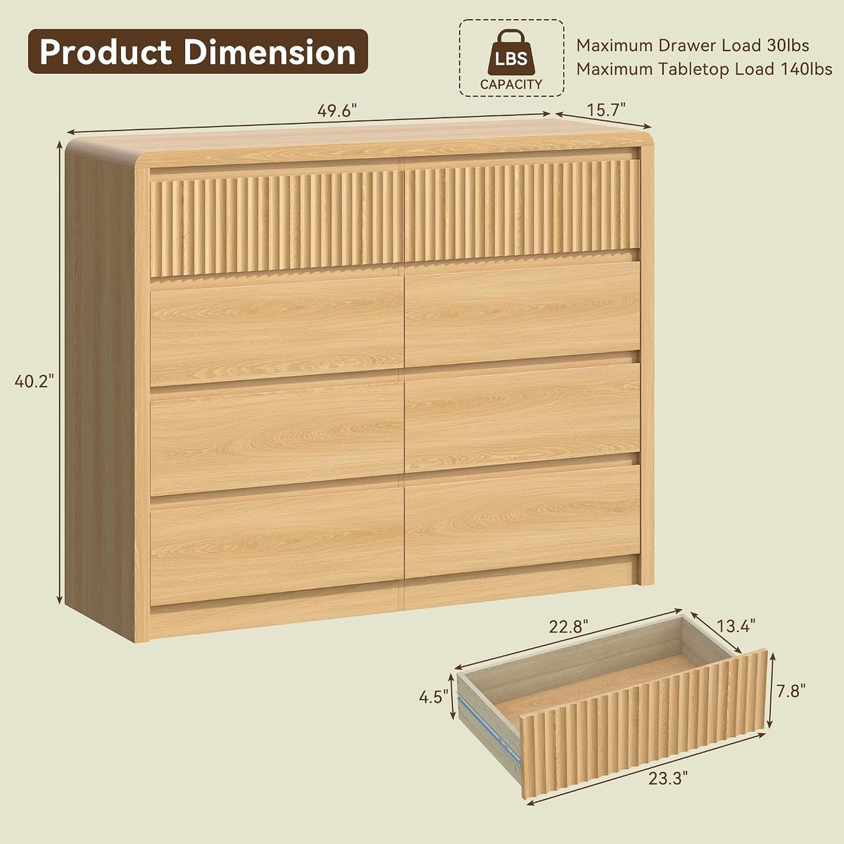 Fluted 8 Drawer Dresser for Bedroom, 50” Wide Modern Dresser & Chest of Drawers with Curved Profile Design, Wood Mid Century Dressers for Bedroom, Living Room, Oak