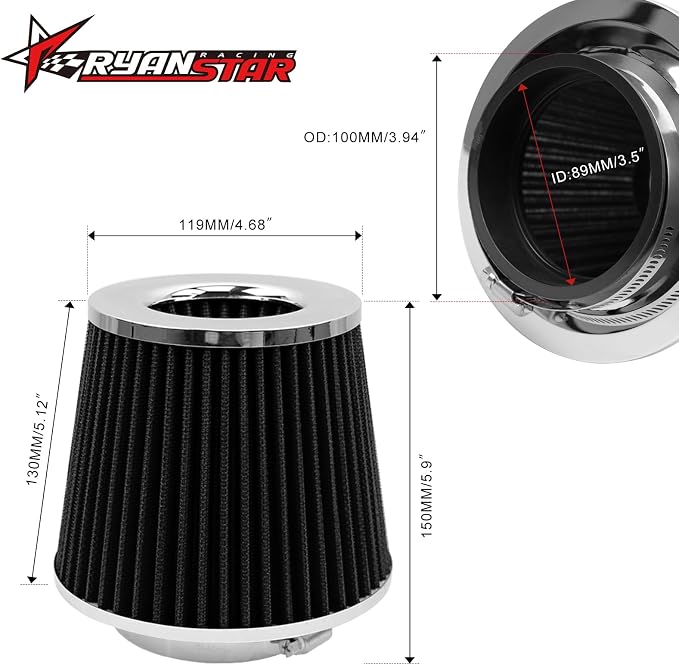 RYANSTAR 89mm 3.5" High Flow Round Tapered Cone Cool Air Filter Cleaner