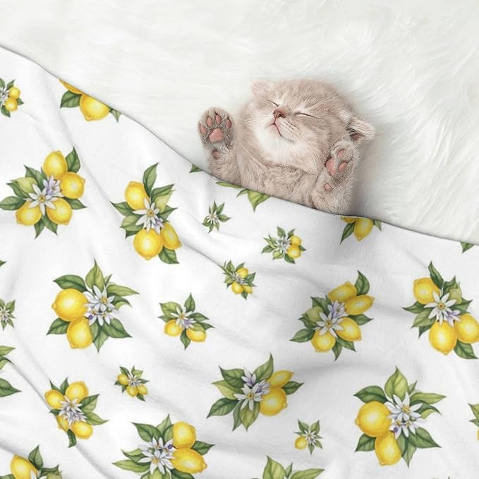 Reversible Plush Dot Pet Blanket for Dogs and Cats, Yellow Lemons Trees with Green Leaves and White Flower Summer Plant, Ultra Soft Two Sided Design with Warm Fuzzy Side and Smooth Side for Comfort