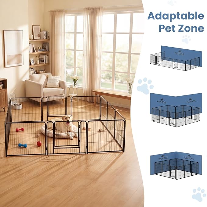 DUMOS Dog Playpen Indoor, Metal 32 Inch 12 Panels Foldable Pet Fence with Door, Outdoor Small Medium Large Dog Puppy Portable Exercise Play Pen for RV Camping, Trips, Play Yard