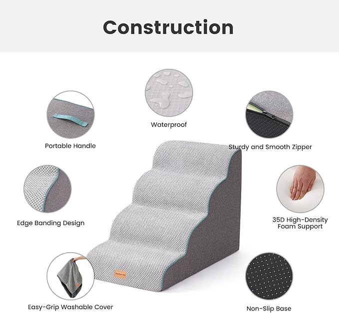 Gardner Pet 4-Step Dog Stairs for Small Dogs 18.5" H, Curved 4-Step Pet Stairs, Dog Steps for High Bed (18-20 in), Couch with Durable Non-Slip Waterproof Fabric Cover and CertiPUR-US Certified Foam