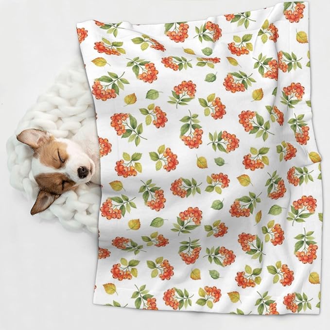 Dog and Cat Blanket in One, Flower Berries Autumn Orange Art Pattern, Double Sided Plush Throw with Raised Dot Pattern on One Side and Flat Velvet on Other for Variety