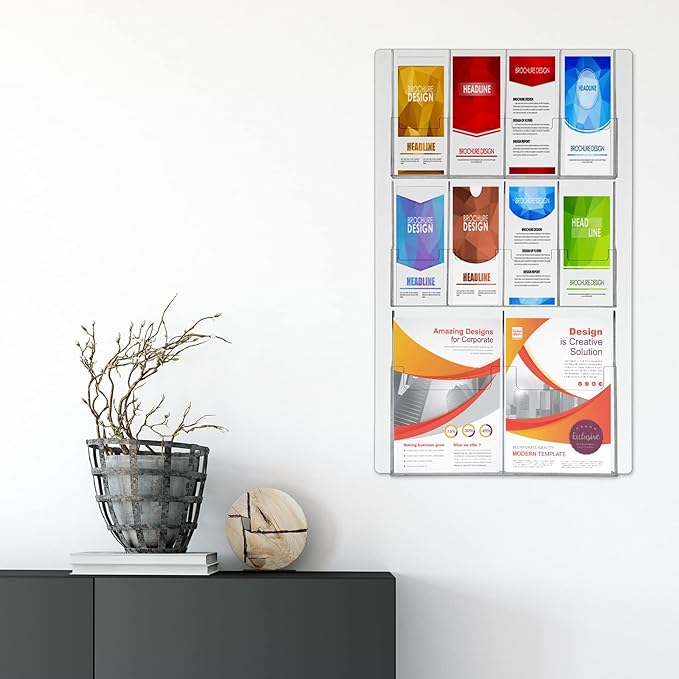 Weysat Acrylic Brochure Holder Wall Mount, Clear Plastic Pamphlet Holder Magazine Display Trifold Flyer Rack Hanging Literature Storage Organizer(2 Magazine Pockets, 8 Pamphlet Pockets)