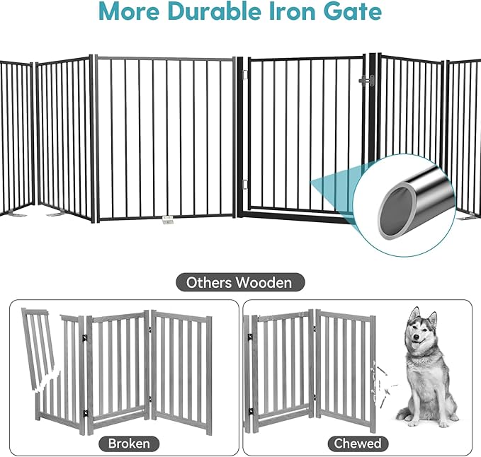 No Pawblems Free Standing Dog Gate with Door, 30'' Tall Foldable Dog Fence for Indoor & Outdoor, Up to 156 Inch Extra Wide Puppy Gate for Stairs, Hallways, Doorways, Deck, Yard (Black, 6 Panels)