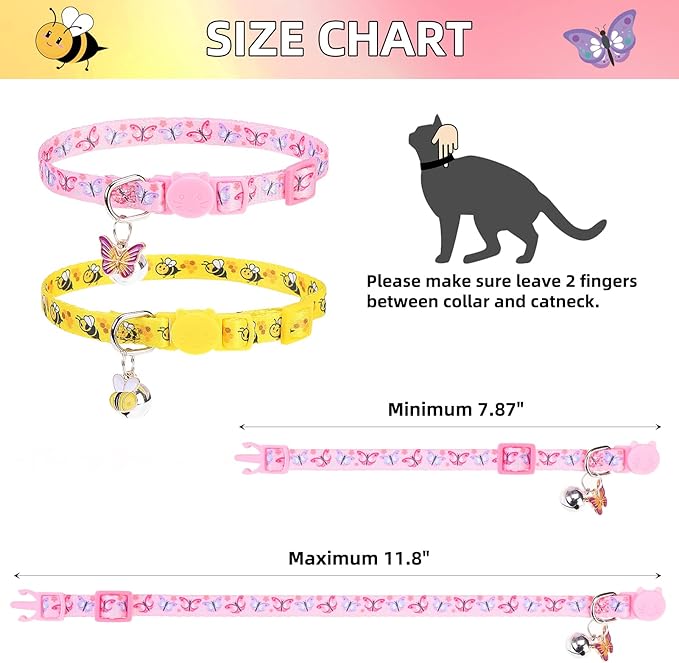 PUPTECK Breakaway Cute Cat Collar with Bell Charm, 2 Packs Adjustable Kitty Collars Animals Pattern, Pink&Yellow, 7.8-11.8 in