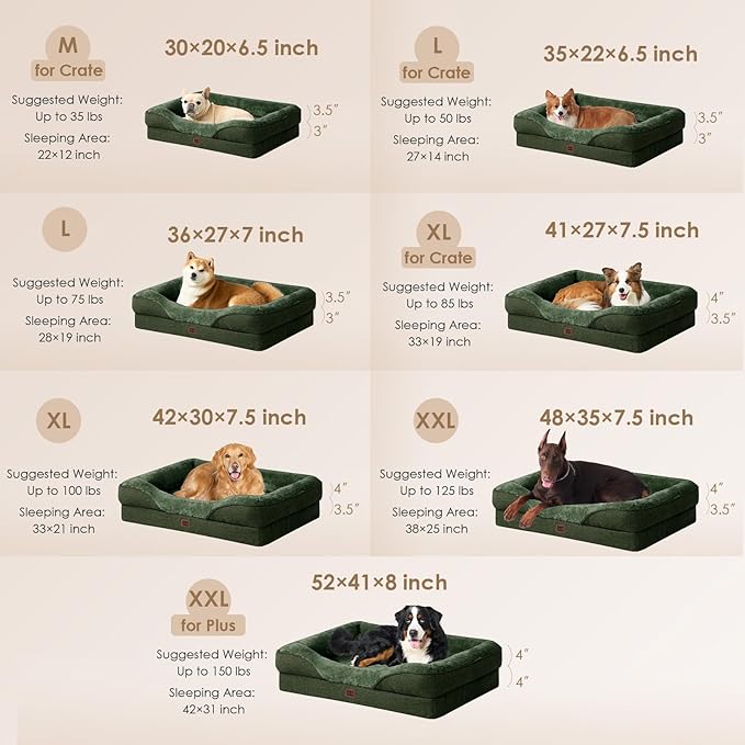 EHEYCIGA Orthopedic XL Dog Bed for Large Sized Dog, 42x30x7.5 Inch Extra Large Memory Foam Dog Couch Bed with Sides, Waterproof Liner & Washable Removable Cover, Dark Green