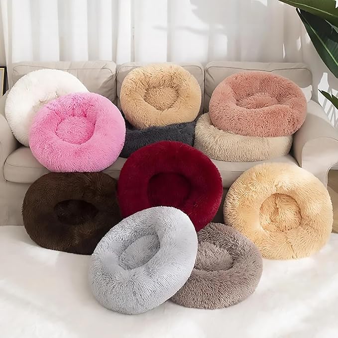 Calming Dog Bed for Small Dogs, Calming Donut Cuddler Pet Bed Anti Anxiety Round Dog Bed Fluffy Plush Faux Fur Cat Bed,Navy Blue,15.7IN
