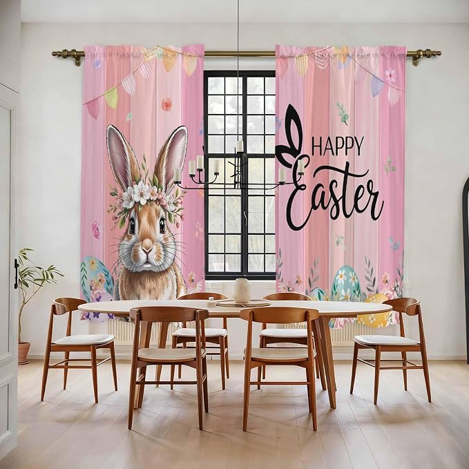Easter Kitchen Curtains, Spring Rabbit Eggs Flowers Flags Leaves Wood Grain