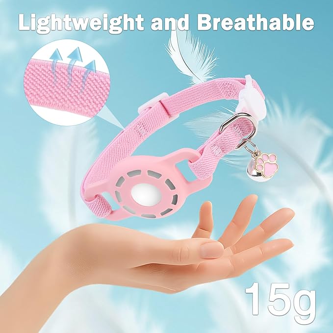 Airtag Cat Collar Breakaway, Stretchy Cat Tracker Collar with Apple Air Tag Holder for Boy Girl Cats, Elastic GPS Tracking Collars for Kittens and Puppies, Adjustable 9"-12" Pink