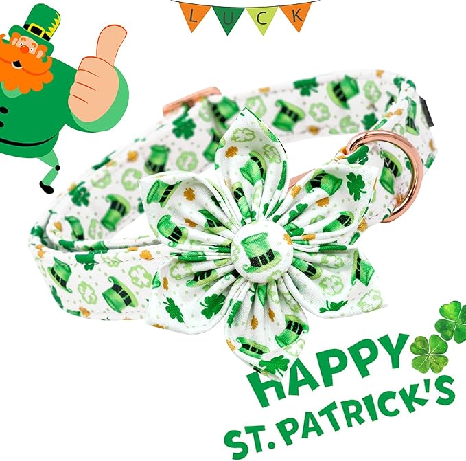 Lionheart glory St. Patrick's Day Dog Collar with Flower Dogs Collar,Soft Green Lucky Clover Shamrock Dog Collars Flower for X-Small Dogs Puppy Soft Collars Bows Heavy Duty