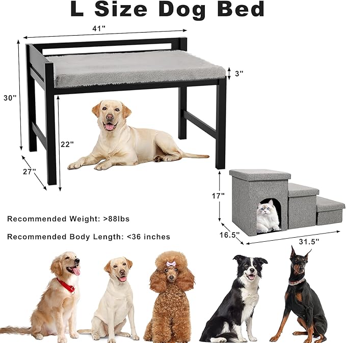 41‘’x27''Bedside Dog Bed with Stairs, Wooden Elevated Dog Bunk Bed Cosleeper with Removable Mattress, Foldable 3-Step Stairs & Guardrail, Bassinet-Style Pet Bed for Large Dogs