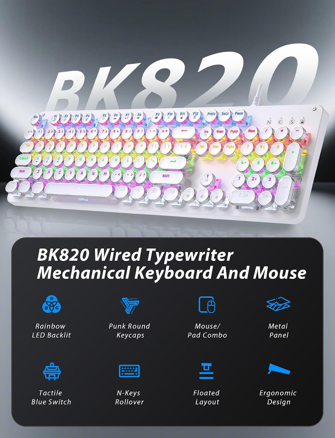 Typewriter Mechanical Gaming Keyboard and Mouse, Metal Panel Retro Keyboards with Round Keycap Blue Switch, Rainbow LED Backlit 104-Key Anti-Ghost Wired Mouse and Pad Combo for PC Laptop Mac Gamer
