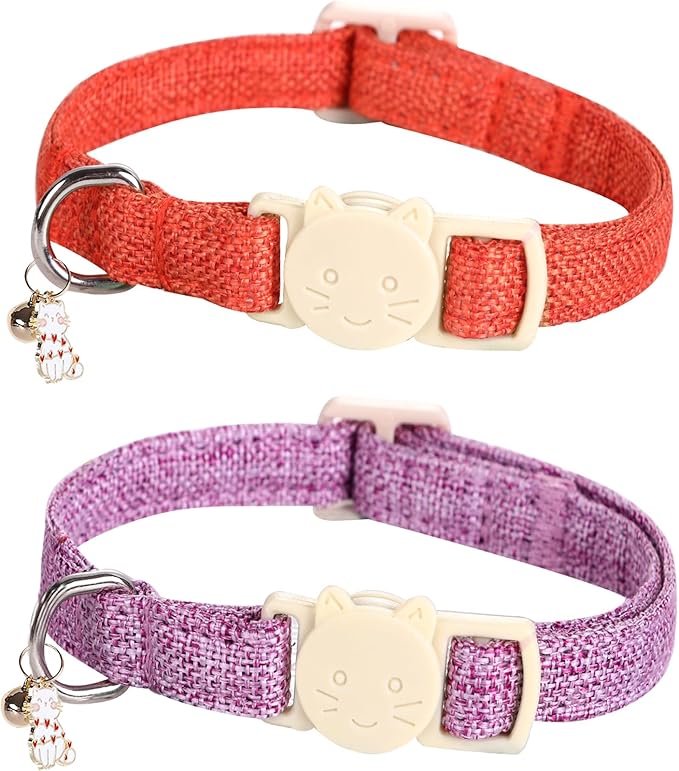 Halloween Cat Collar-2 Pack Cat Collar Orange and Purple Linnet with Kitten and Bell Pendant Safety Buckle Adjustable Pet Collar Suitable for Cats Gift to Cats and Small Pets