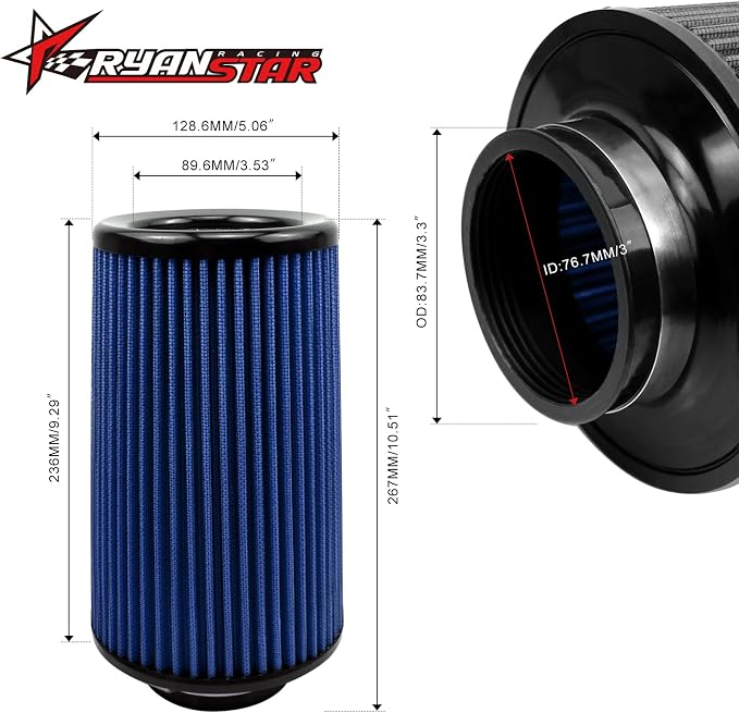 RYANSTAR RACING 76mm 3" High Flow Round Tapered Cone Cool Air Filter Cleaner