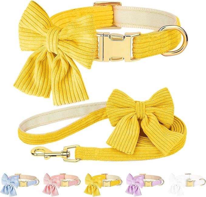 Dog Collar and Leash Set with Bowtie, Girl Dog Collars Metal Buckle Adjustable for Small Medium Dogs (Yellow, M: Neck 13"-22" Leash 5 FT)
