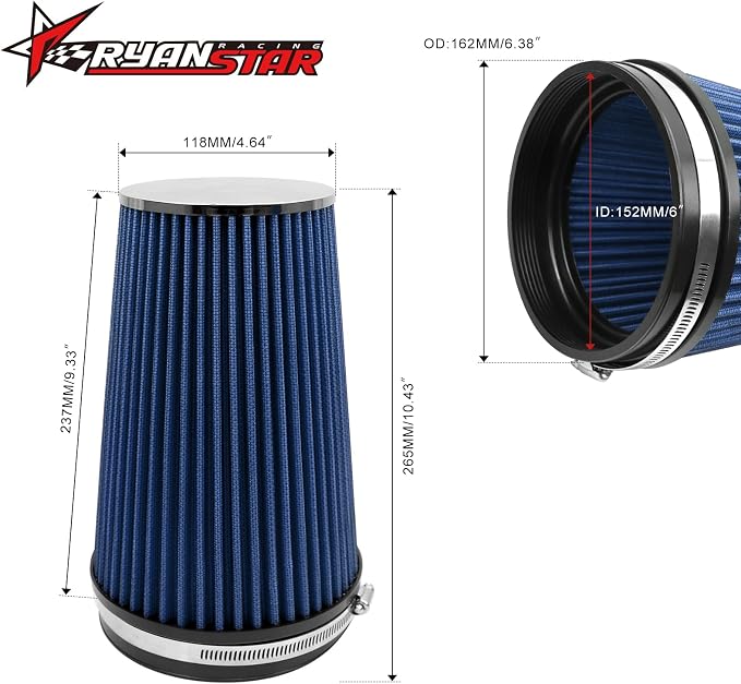 RYANSTAR RACING 152mm 6" High Flow Round Tapered Cone Closed-Top Washable