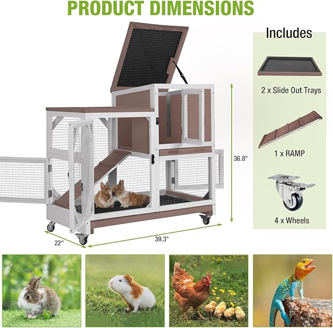 Gutinneen 2-Story Rabbit Hutch Bunny cage Wooden Rabbit Cage Indoor/Outdoor with Chew-Proof Ramp, 2 Leak-Proof Pull-Out Trays, Lockable Wheels for Rabbits, Guinea Pigs, Small Animals (Brown and White)