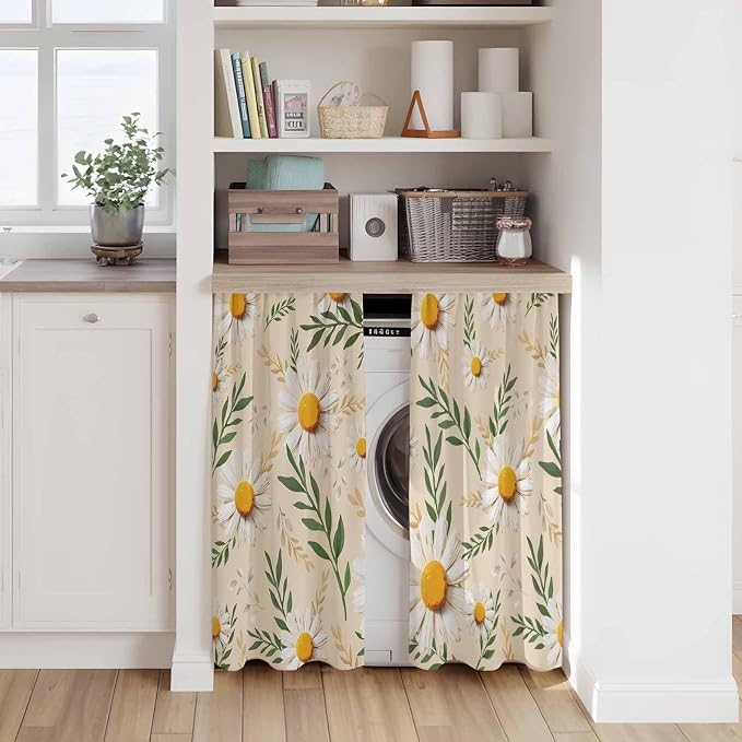Spring Daisy Kitchen Curtains, Country Watercolor Flower Leaf Plant Light
