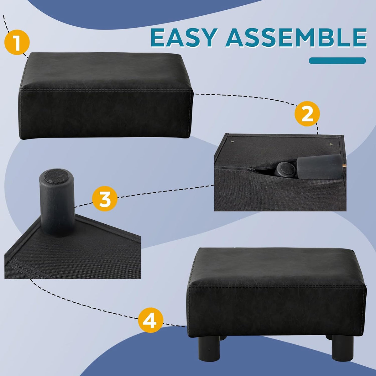 Small Foot Stool Ottoman, Faux Leather Footstool Ottoman Foot Rest for Couch, Rectangle Footstools and Ottomans Small for Living Room, Entryway and Bedroom (Black)