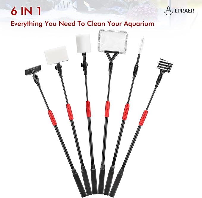 Lpraer Multifunction 7 PCS Aquarium Cleaning Tools Bundle Kit Set Adjustable Fish Tank Cleaner w/Long Telescopic Extended Handle,Fish Net,Algae Scraper, Sponge Pad, Gravel Rake & Cleaning Brush