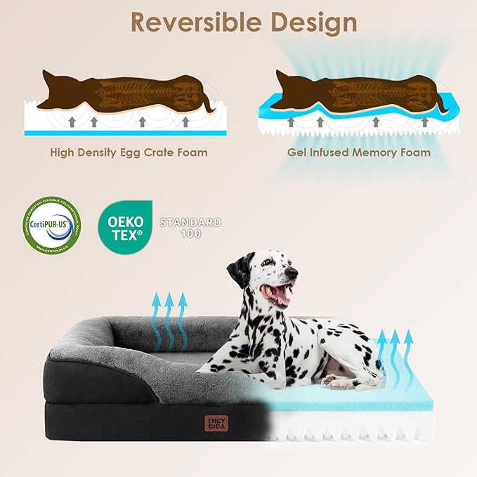 EHEYCIGA Orthopedic Dog Bed for Large Sized Dog, 41x27x7.5 Inch Large Memory Foam Dog Couch Bed with Sides, Waterproof Liner & Washable Removable Cover, Bolster Pet Sofa, Grey/Black