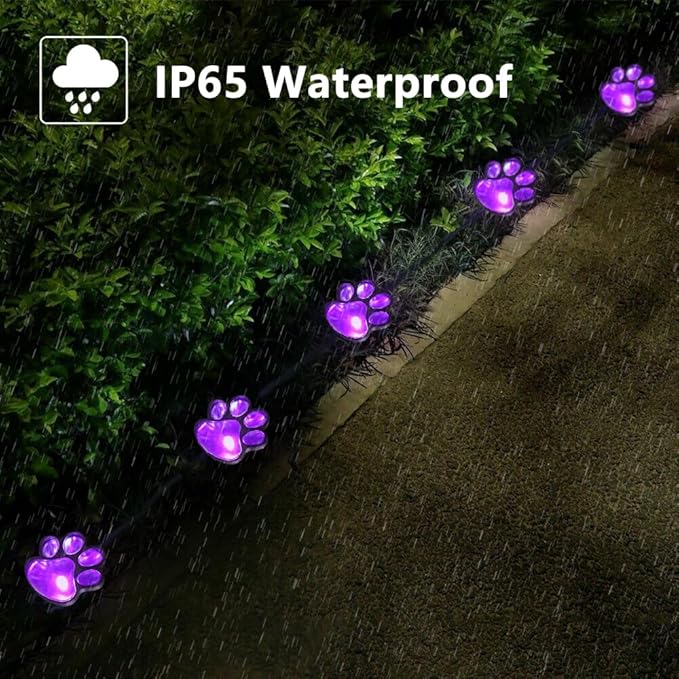 Paw Print Solar Lights - Outdoor Garden Decoration Waterproof, Cat Dog Animal Outdoor Garden (Set of 4), Grave Memorial Gifts, Gifts for Cat Dog Lovers (Purple Lights)