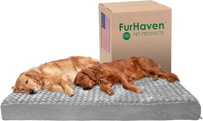Furhaven Memory Foam Dog Bed for Large Dogs w/ Removable Washable Cover, For Dogs Up to 125 lbs - Ultra Plush Faux Fur & Suede Mattress - Gray, Jumbo Plus/XXL