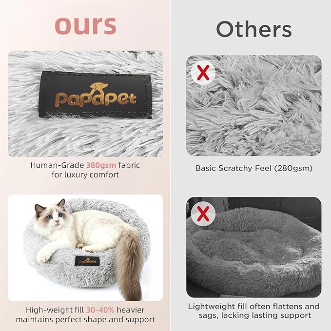 PaPaPet Premium Donut Cat&Dog Bed for Indoor Cats, Ultra Soft Washable Pet Bed for Puppy and Kitten, Plush Long Pile Faux Fur Fabric with Anti-Slip Bottom