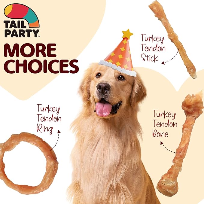 TailParty Turkey Tendons for Dogs, 5.08 oz, Large Dog Training Treats, Natural Long-Lasting Chew Snacks, High-Protein Beef Tendons, Healthy Hypoallergenic Turkey Ring(4 Units/Pack)