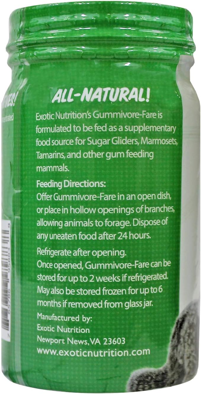 Gummivore-Fare - Original Flavor with Mealworms - Healthy All Natural Native Food Treat Sugar Gliders, Marmosets, Tamarins, and other Gum-Feeding Mammals - 8 oz. Jar - Acacia Gum-Based Supplement