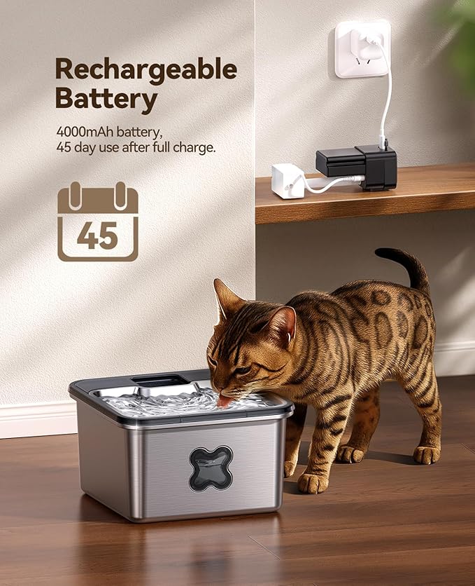 Cat Water Fountain Cordless: [Visual Filter] & [Heavy-Duty Stainless Steel] FEELNEEDY- Premium, Durable Design. 3.2L/108oz, 4000mAh Battery Operated Pet Fountain with Sensor, for Cats and Dogs