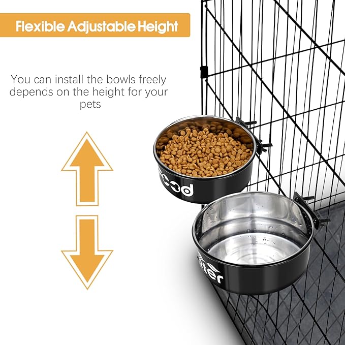 2 Pcs Large Pet Dog Food and Water Bowl Set for Cage, Stainless Steel Non-Spill Kennel Hanging Cats Pets Bowls Crate Feeder Dish with Clamp Holder for Medium Large Dogs Pets (6.3x2.3'' & 7.1x2.5'')