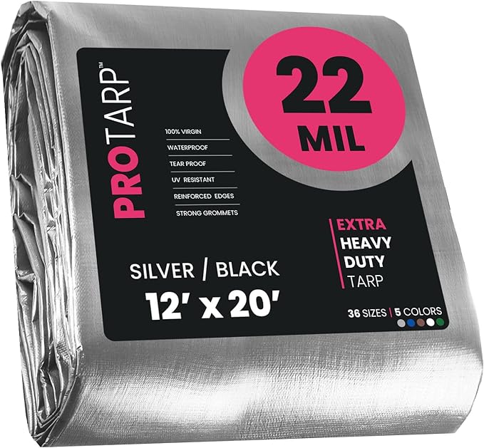 PROTARP Extreme Heavy Duty 22 Mil Tarp Cover, Waterproof, UV Resistant, Rip and Tear Proof, Poly Tarpaulin with Reinforced Edges for Roof, Camping, Patio, Pool, Boat. (Silver/Black 12′ X 20′)