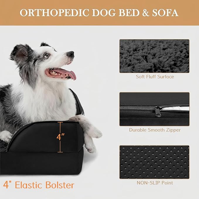 Comfort Expression Orthopedic Dog Bed for Large Dogs 35x22 Inch, Waterproof Egg Crate Foam Large Pet Bed with Removable Bolsters, Dog Couch with Washable Cover & Non-Slip Bottom, Black