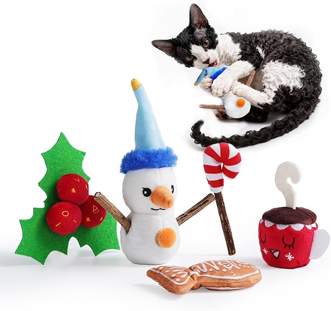 Christmas Cat Toys - 5PCS Catnip Toys for Cats Christmas Theme, Cat Chew Toy with Silvervine Sticks for Cats Health, Durable Fleece Material Snowman, Gingerbread, Cane, Coffee, Holly Berry