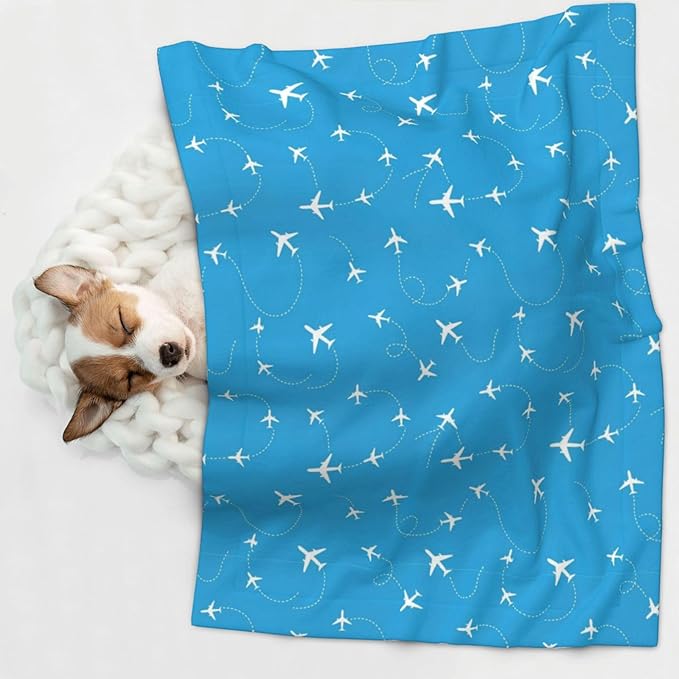 Pet Blanket for Travel and Home, Aircraft Airplane Pattern Navy Blue, Reversible Plush Dot Design with Soft Grip Texture on One Side Perfect for Car Seats Moving Vehicles