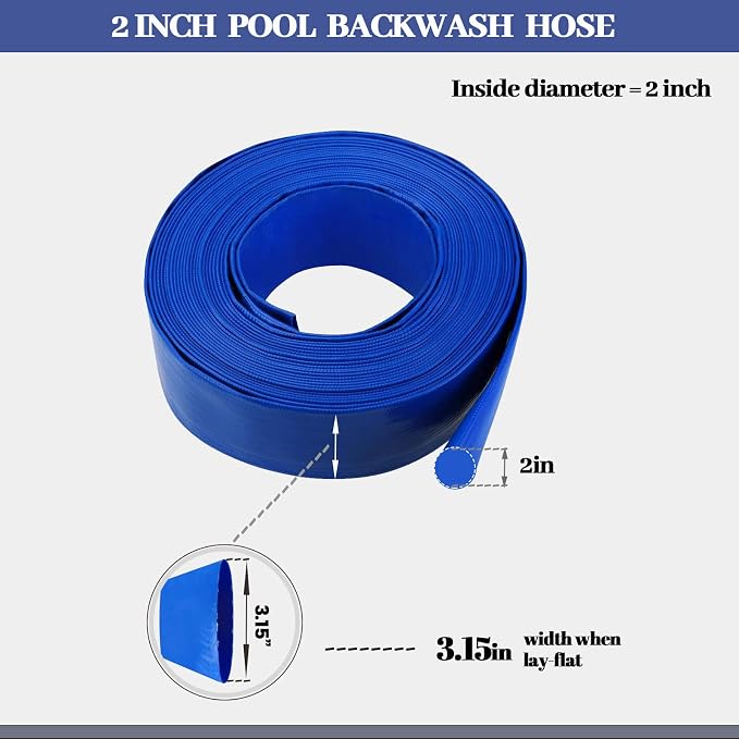 2 IN x 50 FT Pool Backwash Hose, Heavy Duty Flat Discharge Hose, Weather and