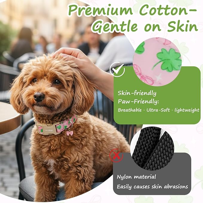St. Patrick's Day Dog Collar,Pink Bow with Green Clover Puppy Collar,Adjustable Spring Cotton Collars Gifts for Small Medium Large Dogs,Dog Accessories L