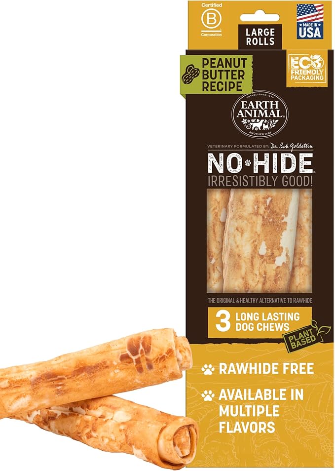Earth Animal No Hide Chews - Long Lasting Rawhide Free Large Dog Chews Rolls, Peanut Butter - 3 Count Value Pack