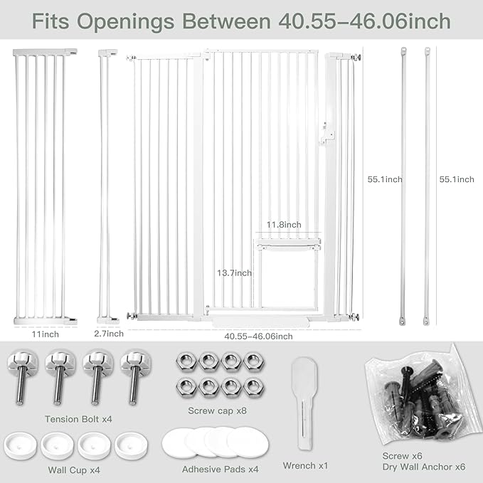 55 Inch Extra Tall Pet Gate with Small Cat Door,29.55"-46.06" Adjustable Wide Dog Gate, Tall Cats Gates for Doorway, Stairs, House(White)